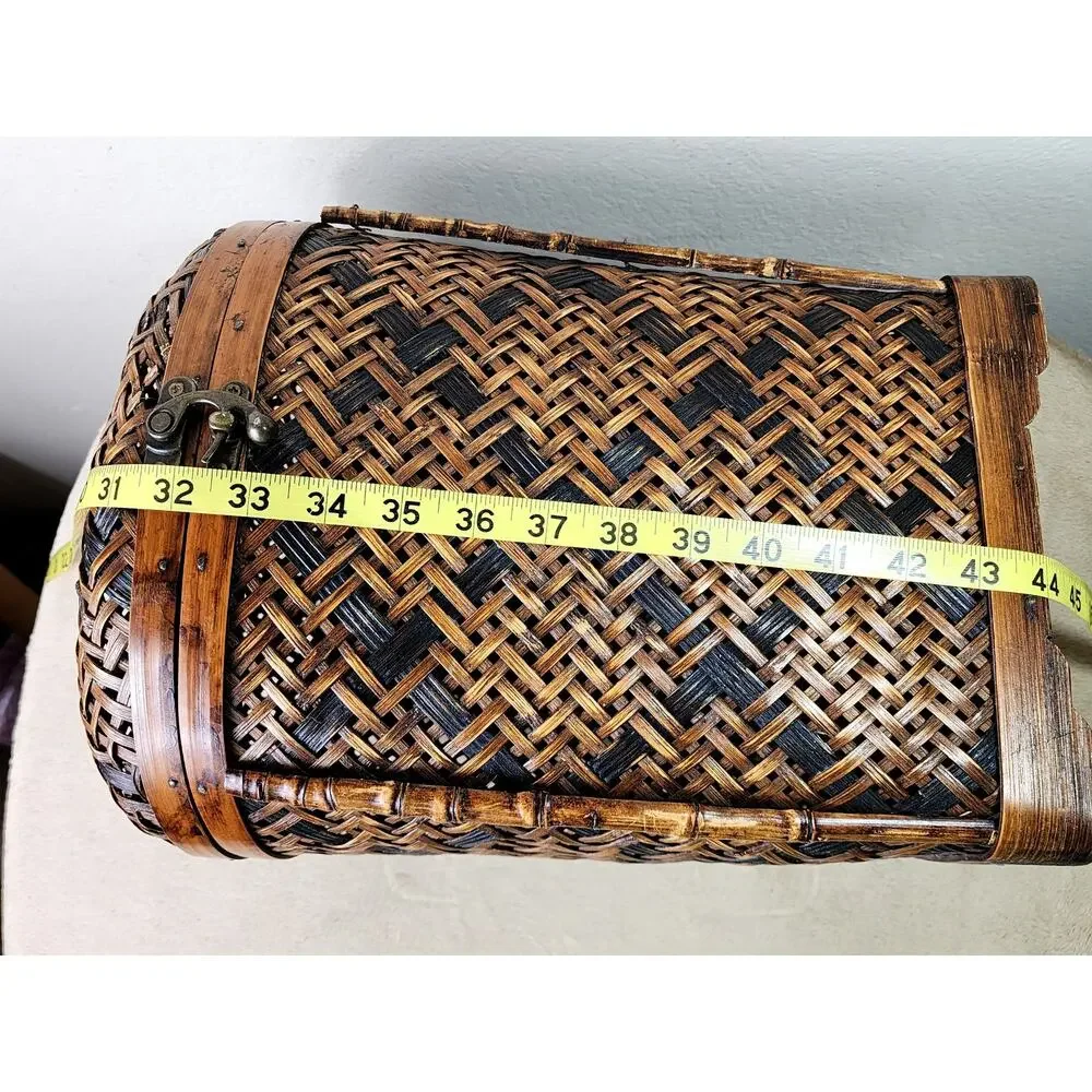 Woven Rattan Lidded Large Basket w/ Lid Brass Accent Asian Inspired 80s Vintage